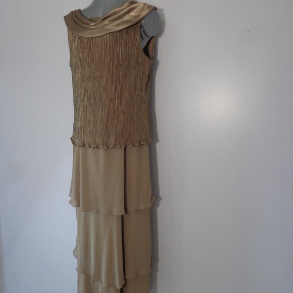 Patra Brown Tiered Beaded Maxi Evening Formal Dress Draped Neck Women's Size 14 - Picture 1 of 7